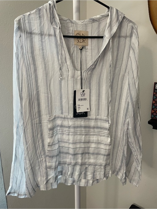 Chaser Tops - Chaser White and Gray Striped Hooded Tunic Top